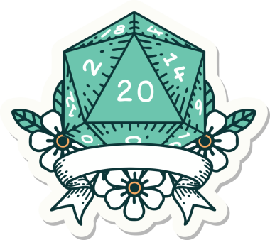 Bir insan tarafından çizilmiş 20 kritik vuruşluk D20 zar etiketi.