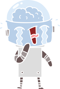 Bir insan tarafından çizilmiş düz renkli karikatür ağlayan robot.