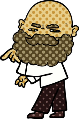 Bir insan tarafından çizilen ve kaşlarını çatan sakallı bir çizgi film adamı.