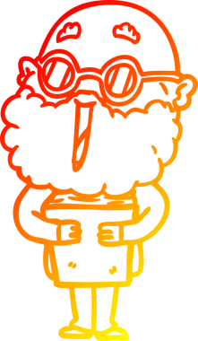 Bir insan tarafından çizilmiş sakallı ve kitaplı neşeli bir çizgi film çizimi.