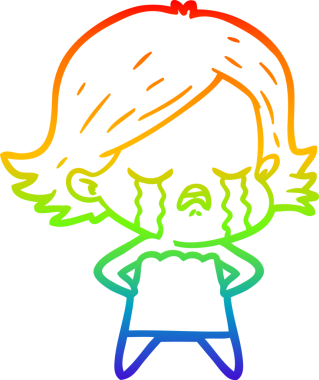 Gökkuşağı gradyan çizimi bir insan tarafından çizilmiş ağlayan bir çizgi kız çizimi