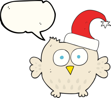 Bir insan tarafından çizilmiş noel şapkası giyen küçük baykuş.