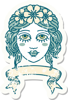 Bir insan tarafından çizilmiş çiçek taçlı bayrak takılmış eski bir çıkartma.