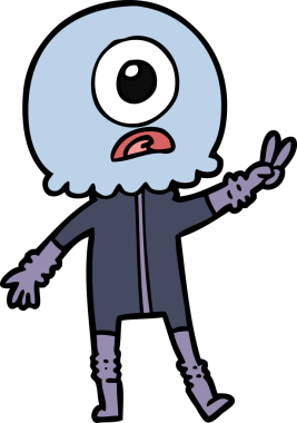 Çizgi film Tepegöz uzaylı uzay adamı bir insan tarafından çizilmiş barış işareti veriyor.