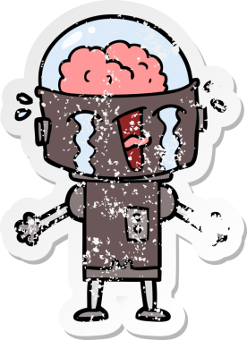 Bir insan tarafından çizilmiş, karikatür ağlayan robot çıkartması.