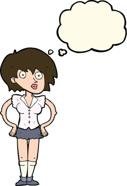 Bir insan tarafından çizilmiş düşünce baloncuğu olan elleri kalçasında bir karikatür kadını şaşırttı.