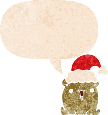 Hoş bir çizgi film ayısı, Noel şapkası, konuşma balonu, grunge dertli eski moda bir insan tarafından çizilmiş.