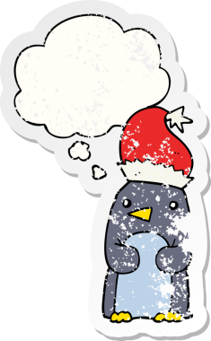 Düşünce baloncuğu olan sevimli noel pengueni insan tarafından çizilmiş yıpranmış bir çıkartma.