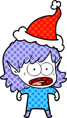 Bir insan tarafından çizilmiş Noel Baba şapkası giyen şok olmuş bir elf kızının el çizimi çizgi roman tasviri.