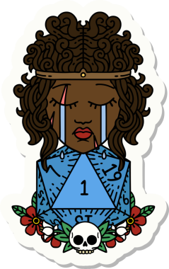 Bir insan tarafından çizilmiş doğal bir d20 rulo ile ağlayan bir insan barbarının çıkartması.