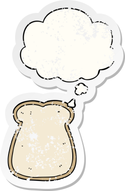 Düşünce baloncuklu bir ekmek dilimi insan tarafından çizilmiş yıpranmış bir çıkartma gibi.