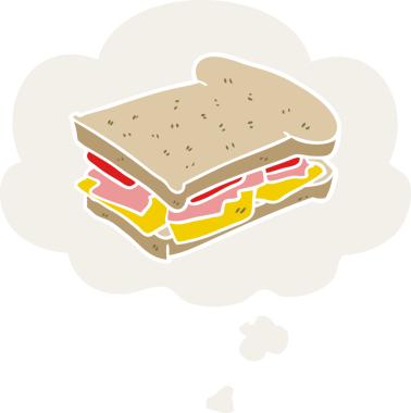 Düşünce baloncuklu jambonlu sandviç insan tarafından çizilmiş.