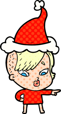Bir insan tarafından çizilmiş Noel Baba şapkası giymiş şaşırmış bir kızın el çizimi çizgi roman çizimi.