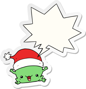 Bir insan tarafından çizilmiş konuşma kabarcığı çıkartmalı şirin bir noel kurbağası.