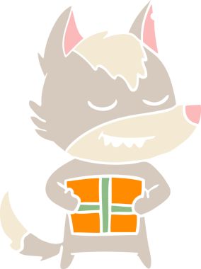 Bir insan tarafından çizilmiş Noel hediyesini taşıyan düz renkli çizgi film kurdu.