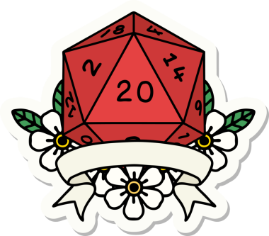 Bir insan tarafından çizilmiş 20 kritik vuruşluk D20 zar etiketi.