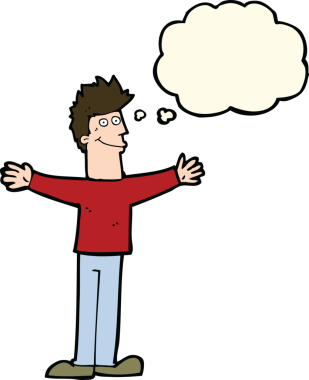 Bir insan tarafından çizilmiş düşünce balonlu mutlu adam çizgi filmi.