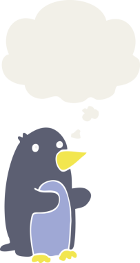 Düşünce baloncuğu olan bir penguen insan tarafından çizilmiş.