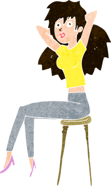 Bir insan tarafından çizilmiş tabureye poz veren çizgi film kadını.