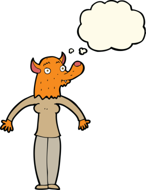 Bir insan tarafından çizilmiş düşünce balonlu tilki kadın.