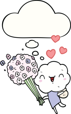 Bir insan tarafından çizilmiş düşünce baloncuğu olan sevimli çizgi film bulutu kafa yaratığı.