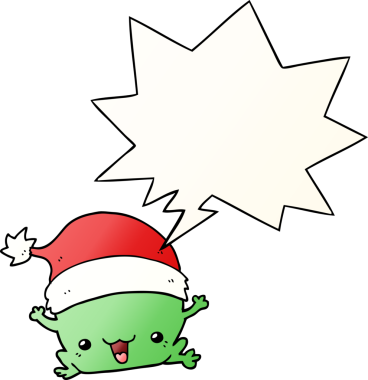 Bir insan tarafından çizilmiş, tatlı bir çizgi film karakteri, konuşma baloncuğu olan bir noel kurbağası.