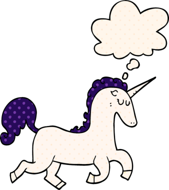 Çizgi roman tarzında düşünce baloncuğu olan tek boynuzlu at bir insan tarafından çizilmiş.
