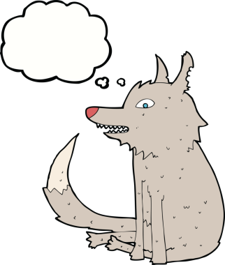 Bir insan tarafından çizilmiş düşünce baloncuğuyla oturan bir kurt.
