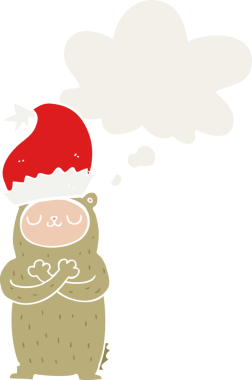 Bir insan tarafından çizilmiş, düşünce baloncuklu Noel şapkası takan çizgi film ayısı.