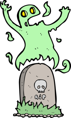 Bir insan tarafından çizilmiş bir mezardan yükselen çizgi film hayaleti.