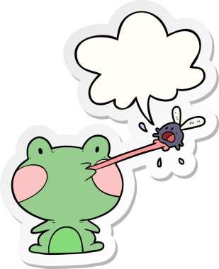 Bir insan tarafından çizilmiş konuşma kabarcığı çıkartmasıyla sineği yakalayan sevimli çizgi film kurbağası.