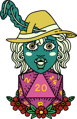 Retro Dövme Biçimi Yarı Ork Ozanı Bir insan tarafından çizilmiş 20 zar ile