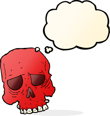 Bir insan tarafından çizilmiş düşünce baloncuklu garip kafatası.