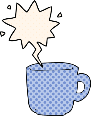 Bir insan tarafından çizilmiş çizgi roman tarzında konuşma balonlu kahve fincanı.