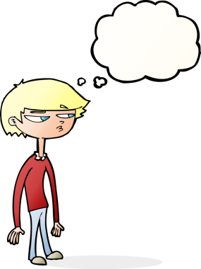 Bir insan tarafından çizilmiş düşünce balonlu şüpheli çocuk çizgi filmi.