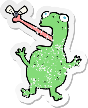 Bir insan tarafından çizilmiş sineği yakalayan bir kurbağanın gerilimli çıkartması.