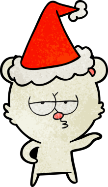 Sıkıcı kutup ayısının eli insan tarafından çizilmiş Noel Baba şapkası çizilmiş.