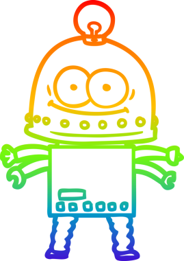 Gökkuşağı gradyan çizgisi mutlu bir karton robot çizimi ve bir insan tarafından çizilmiş ampul.