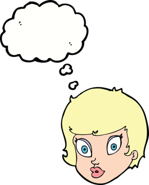 Bir insan tarafından çizilmiş düşünce baloncuğuyla kadın yüzünü şaşırtan çizgi film.