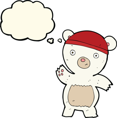 Bir insan tarafından çizilmiş düşünce baloncuklu şirin kutup ayısı.