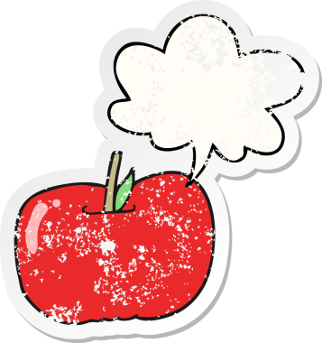 Konuşma baloncuklu çizgi film elması bir insan tarafından çizilmiş sıkıntılı eski bir çıkartma