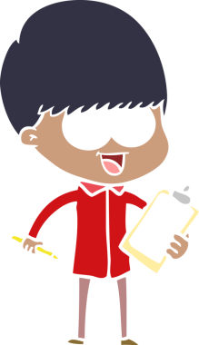 Bir insan tarafından çizilmiş mutlu düz renkli çizgi film çocuğu.