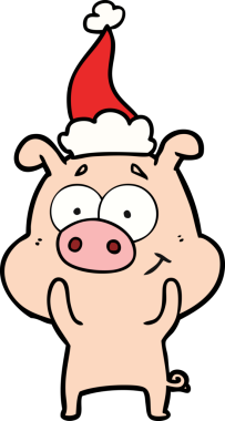 Bir insan tarafından çizilmiş Noel Baba şapkası takan bir domuzun çizdiği mutlu el çizgisi.