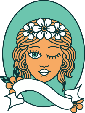 Geleneksel dövme, bir insan tarafından çizilmiş çiçek tacıyla süslenmiş bir kız dövmesi.