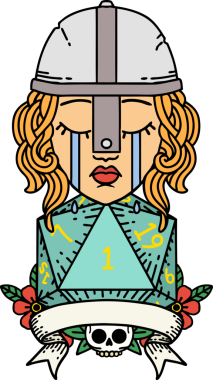 Retro Dövme Tarzı Ağlayan İnsan Dövüşçüsü Bir insan tarafından çizilmiş doğal bir D20 zarıyla