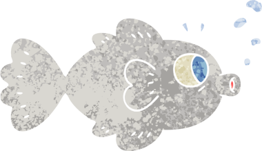 Bir insan tarafından çizilmiş tuhaf resimli karikatür balığı.