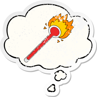 Düşünce baloncuklu karikatür termometresi insan tarafından çizilmiş yıpranmış bir çıkartma.