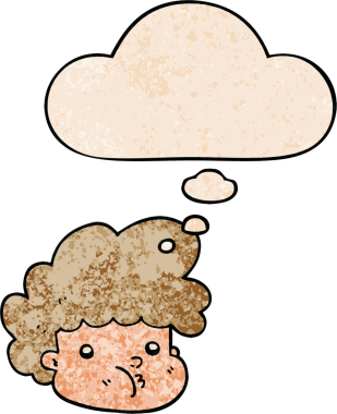 Bir insan tarafından çizilmiş grunge desenli düşünce balonu olan çizgi film çocuğu.