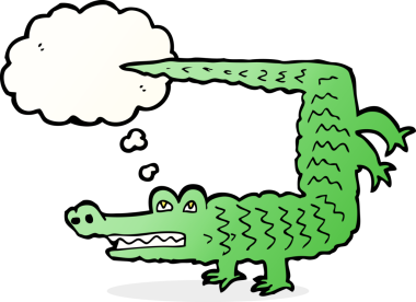 Bir insan tarafından çizilmiş düşünce baloncuklu timsah çizgi filmi.