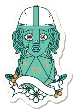 Bir insan tarafından çizilmiş 20 zarlı yarı ork savaşçı karakterinin çıkartması.